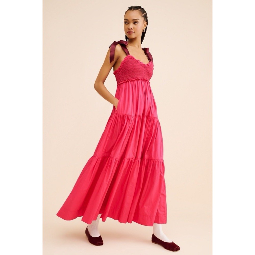 Free People Bluebell Smocked Maxi Dress Sangria Sunset Pink S OB1721375